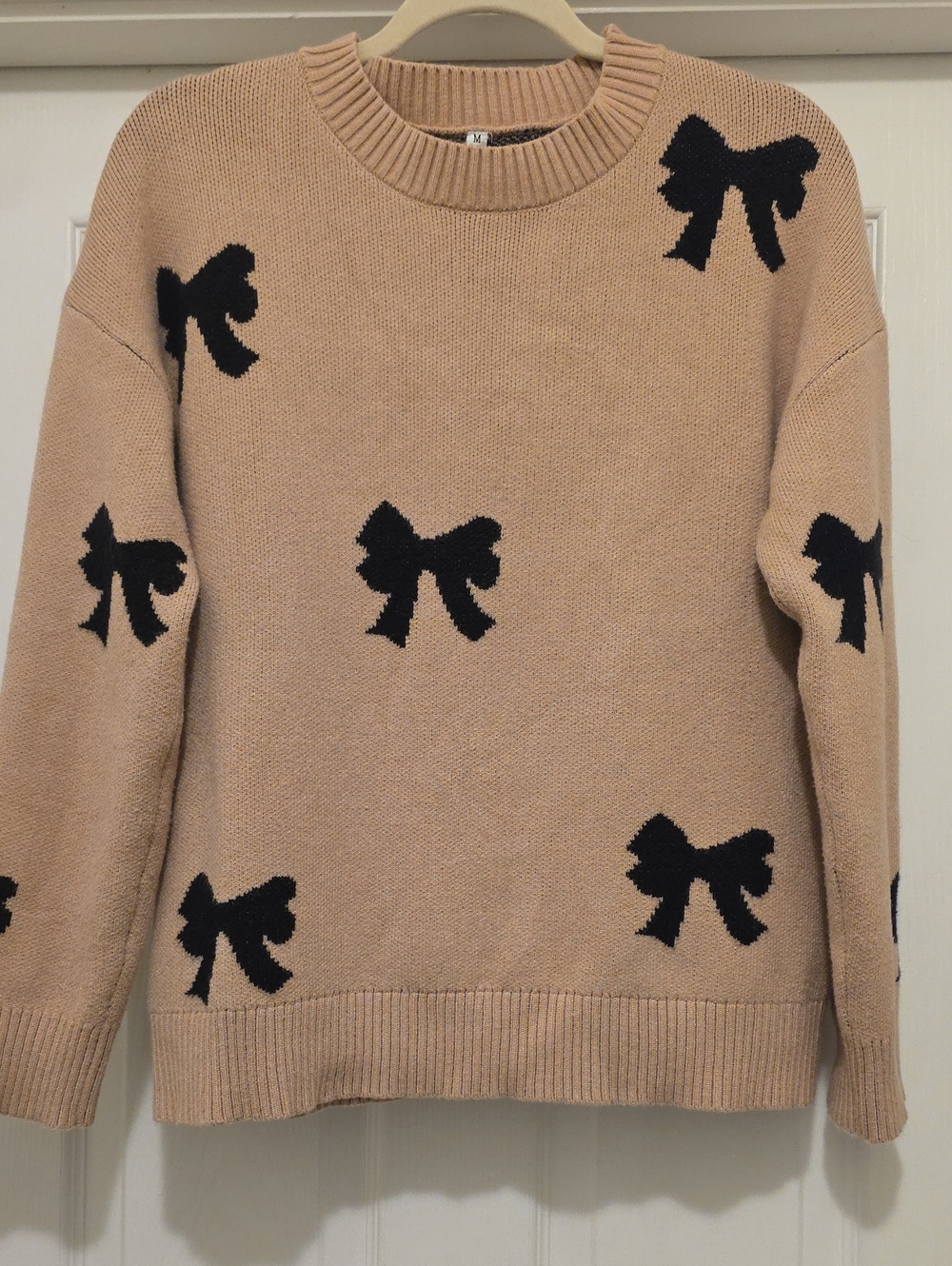 Beige Bow-Print Crewneck Sweater - Women
